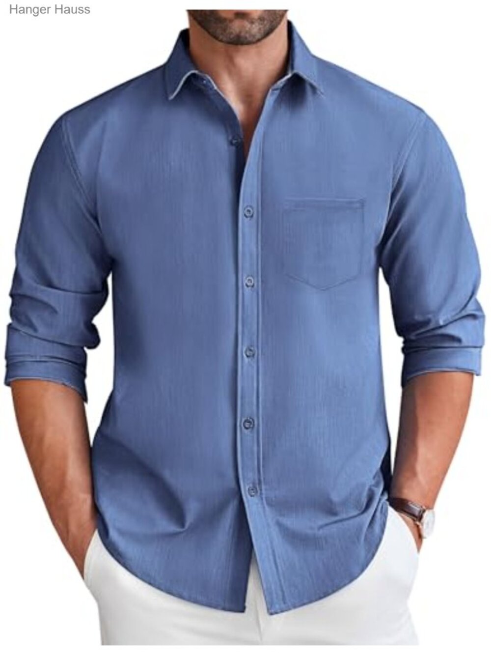 Wrinkle-Free Long Sleeve Button Down Shirt Denim-Like Casual Dress Shirt